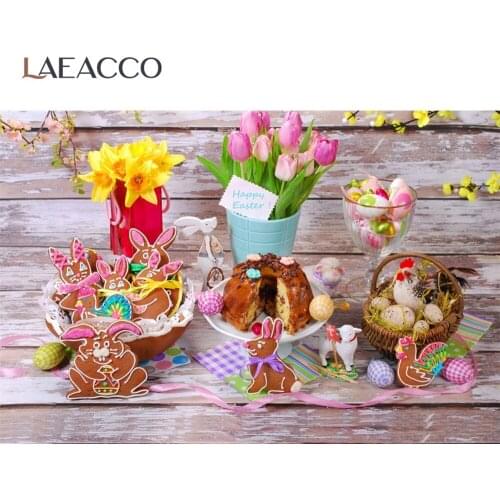 Easter Wood Backgrounds For Photography Spring Flowers Rabbit Eggs Dessert Baby Party Photo Backdrop Photophone For Photo Studio