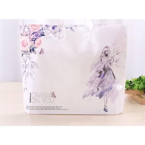 Purple Girl Flower Print 33x24+6cm Gift Plastic Bag With Handle Clothes Storage Christmas Plastic Shopping Bag Packaging 10pcs