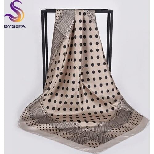 [BYSIFA] Polka Dot Square Scarves Women Classical Design Spring Fall Silk Hijab Scarf Fashion Brand Winter Neck Scarf Khaki Grey