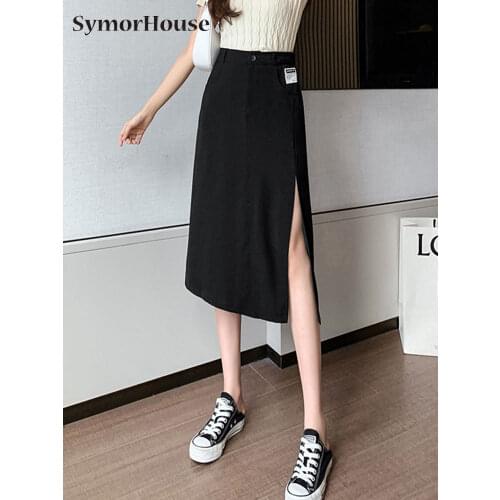 Simple Korea Style Elegant Slit Skirts Women Summer High Waist Button Design Package Hip Skirt Office Slim A-Line Skirts