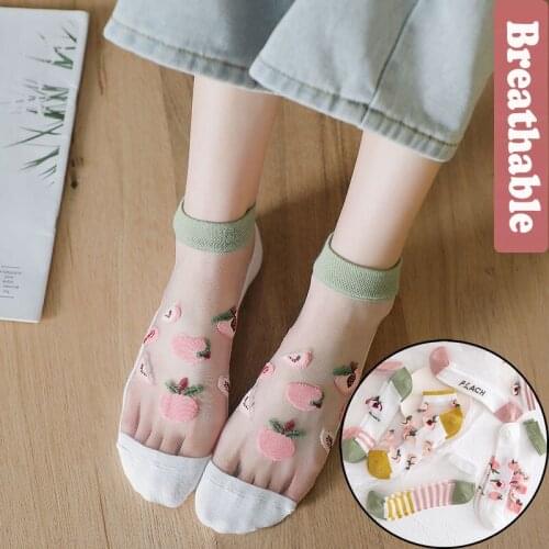 Spring And Summer Womens Crystal Silk Stockings Cotton Bottom Lace Socks Fruit Noble Embroidery Cartoon Breathable Boat Socks