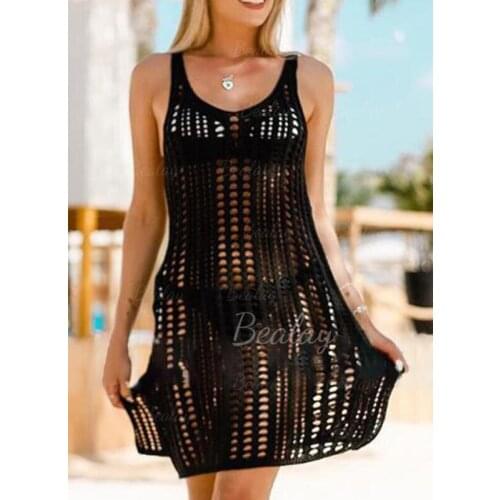 Womens Hollow Out Beach Dress, Sexy V Neck Sleeveless Crochet Swimsuit Cover Up Dress