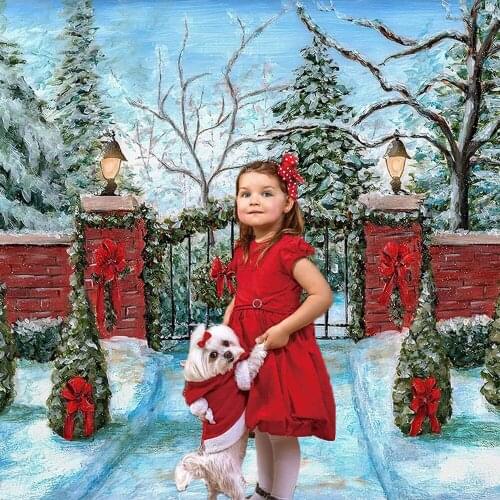 2021 Christmas Oil Painting Photography Background Winter Snow Pine Tree Fence Kids Famiyl Party Portrait Backdrop Photo Studio