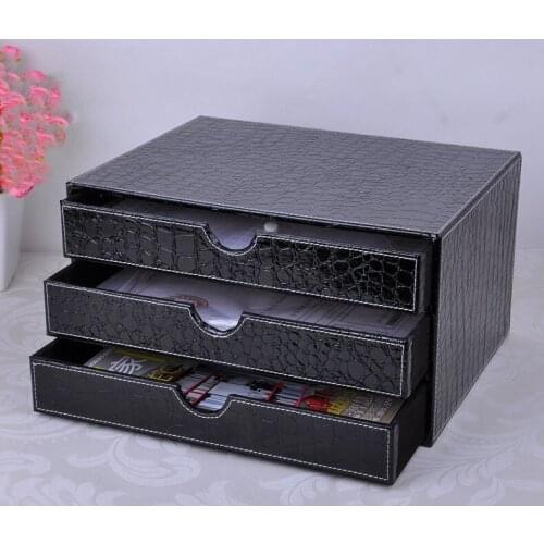 3-layer 3-drawer wood struction leather desk filing cabinet storage box office organizer document container croco black217C