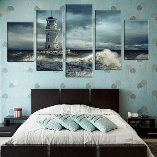 5 Panel Lighthouse Pictures Modern Home Decor HD Prints Wall Art Poster Cloudy Rough Wave Seascape Canvas Painting
