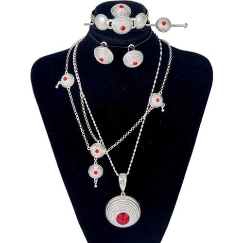 6pcs/lot Silver African Earrings Ring Hairpin Head chain Dubai Jewelry Set for Women Ethiopian Eritrea Habesha Wedding Gifts