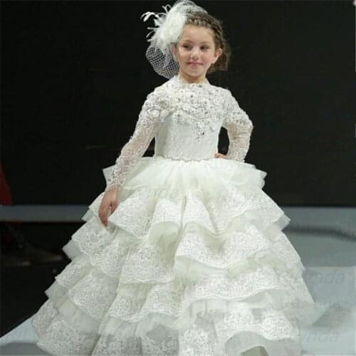 White Princess Girls Pageant Gowns Long Sleeves Lace Tiered Flower Girl Dresses For Wedding Baby Girls Birthday Party Dress Cust