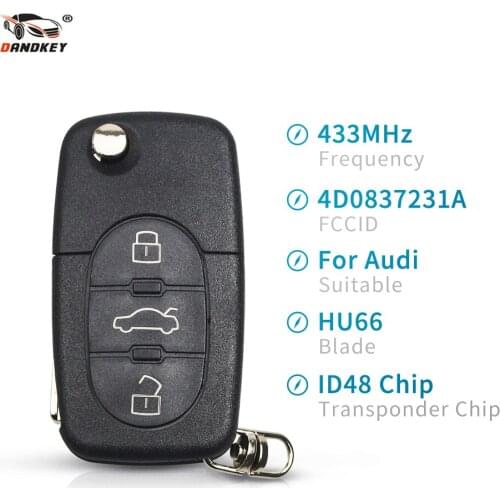 Dandkey 5pcs 4D0837231A 433Mhz 3 Button Car Remote Key For Audi Flip HU66 Blade ID48 Chip For Audi A3 A4 A6 A8 B5 TT RS4 Quattro