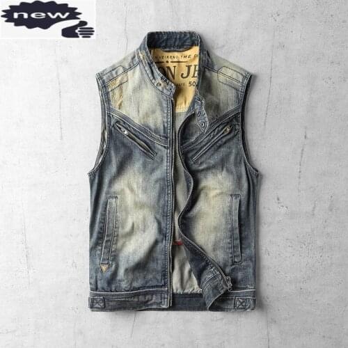 Spring Summer Sleeveless Denim Coat Men Vintage Work Zipper Jacket Street Style Stand Collar Slim Cowboy Biker Vest 3XL