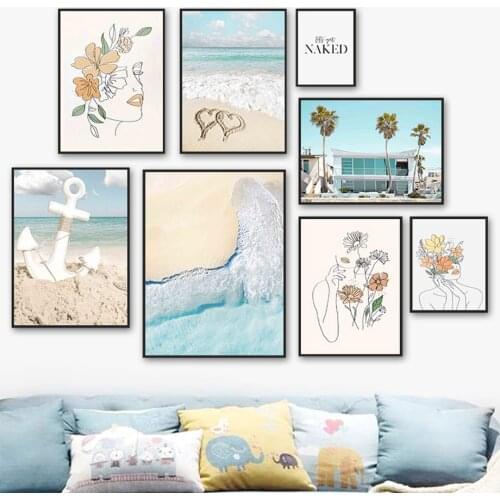 Coconut Tree Beach Abstract Woman Line Wall Art Canvas Painting Nordic Posters And Prints Wall Pictures For Living Room Decor