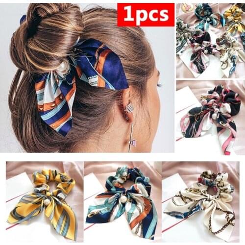 1pcs Women Tiara Satin Ribbon Pearl Bow Hair Band Rope Ponytail Holder Girl Headbands Scrunchies Hair Accessories Ponytail Holde