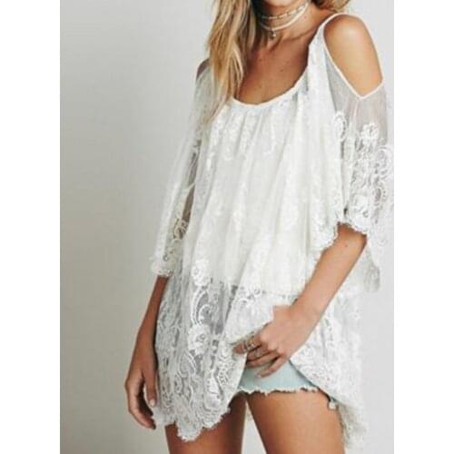 Summer Women Cover Up Saida De Praia Bathing Suit Lace Crochet Bikini Swimwear Casual Beach Vestido Loose Hollow Shoulder Dress