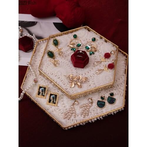 Metal Hexagonal Lace Storage Tray Ring Earrings Jewelry Storage Rack Shooting Props Dressing Table Display Stand Home Decoration