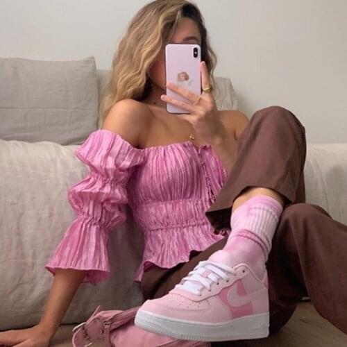 2021 New Off Shoulder Puff Sleeve Women Blouse Shirts Crop Pink Top Summer Fashion Lace Up Ruched Blouse Blusas Mujer Tops