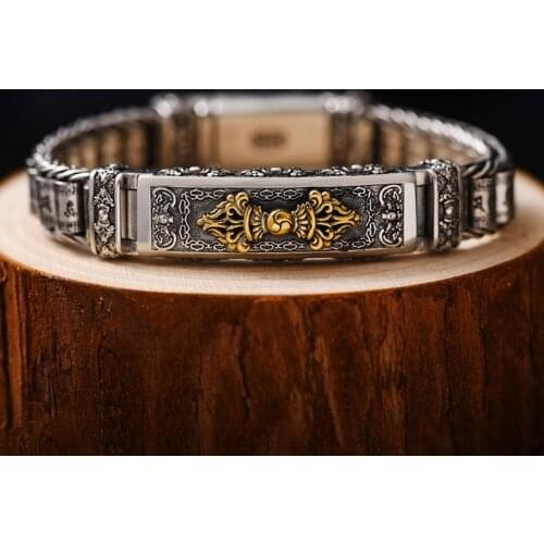 New Vajra Drop Magic Pestle Silver Bracelet Mens Retro Buddhist Six-character Mantra Prayer Wheel Domineering Hand-woven