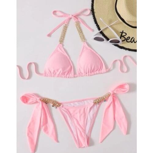 Sexy Ornaments Swimwear Women Solid black Diamond Rhinestone Bikini Set Push Up Bandage Bathing Suit Thong Swimsuit Biquini 2021