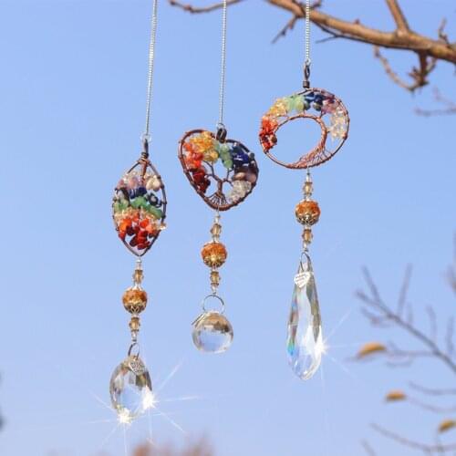 Hanging Crystal Suncatcher Life Tree Stone Beads Prism Pendant Craft Chain Hanging Window Ornament Home Garden Decor