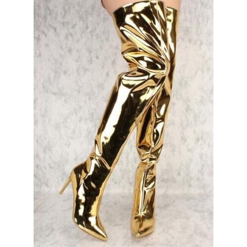 2017 New Fashion Women Pointed Toe Over Knee Mirror Leather High Heel Boots Zipper-up Patent Leather Gold Silver Long Boots