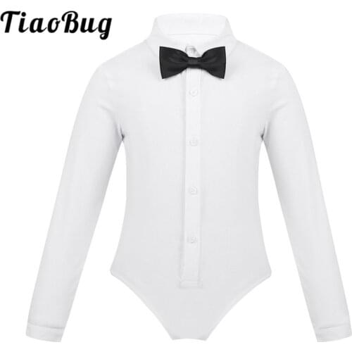 TiaoBug Kids Boys One-Piece Modern Latin Dance Costume Long Sleeves Lapel Bowtie Romper Shirt Leotard Bodysuit Child Dance Wear
