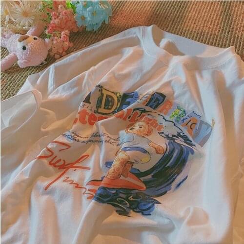 Summer retro bear print loose short-sleeved T-shirt womens bottoming shirt all-match casual