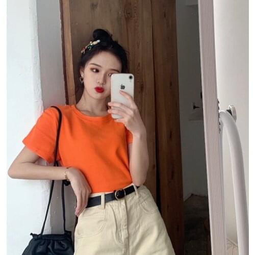 Woman Tshirts Spring New Korean Style Short-sleeved Solid Color Wild Sanding Short-sleeved T-shirt Womens Bottoming Shirt Top