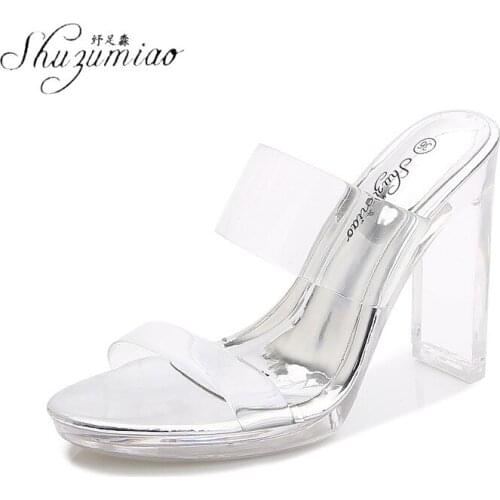 SHUZUMIAO Summer New High Heels Women Shoes Fashion Transparent Heels Sexy Hollow Breathable Slippers Female Clear Heels Slides