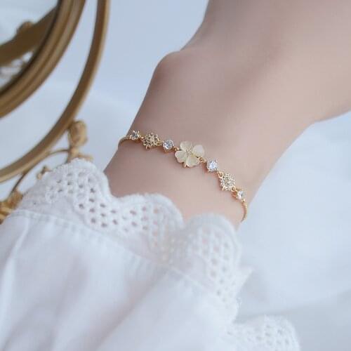 Delicate Zircon CZ Opal Flower Charm Bracelets for Women 14K Real Gold Plated Elegant Crystal Bangles&bracelets