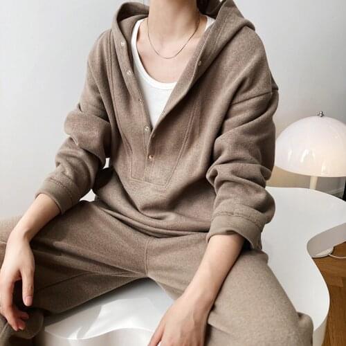 Two-piece Womens Set Velvet V-neck Patchwork Hooded Sweater + Pants Female Autumn Winter HK Style Leisure Ladies Sports Suit