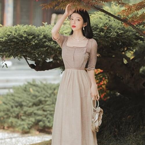 Summer French Elegant Retro Dress Women Temperament Square Neck Chic Fashion Party Dress Vestido de mujer