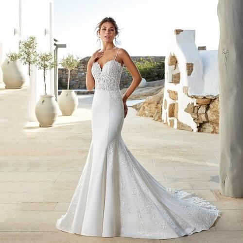 Thinyfull Elegant Boho Sweetheart Mermaid Wedding Dress Spaghetti Straps Court Train Bridal Gown Applique Lace Vestido De Novia