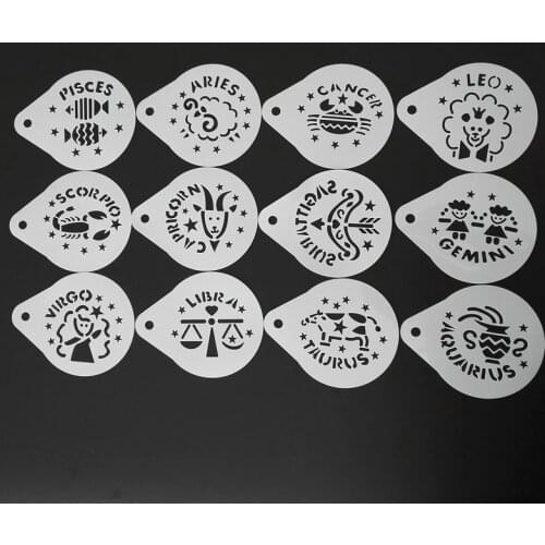 2.8 Inch 12pcs/set Cartoon Constellation Coffee Stencil Template Cappuccino Latte Art Plastic Printing Mold Barista Tools