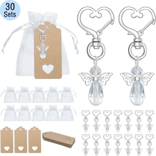 30Set DIY Angel Wing Keychain Wedding Baptism Mini Keepsake Pendant Party Mesh Storage Pouch Key Rings