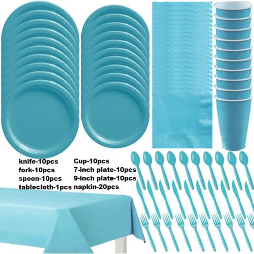 81pcs/Pure Blue Party Plastic Decorations Birthday Disposable Tableware Kit Cups Plates Napkin Kids Birthday Party Supplies Set