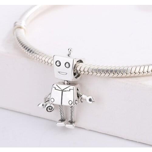925 Sterling Silver Robot Boy Holding Romantic Roses In His Hands Pendant Charm Bracelet DIY Jewelry Making For Original Pandora