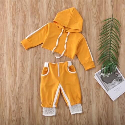 Free shipping Toddler Baby Girls Clothes Hooded pullover long sleeve Bandage Tops pocket zipper Geometry Pants 2pc kids Outfit