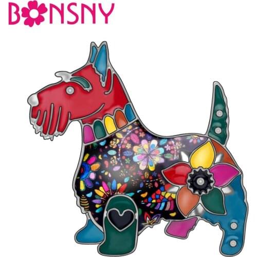 Bonsny Alloy Enamel Floral Schnauzer Dog Brooches Clothes Scarf Pin Animal Pets Jewelry Pin For Women Girls Gifts 2019 Hot Sales