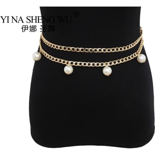 Fashion Personality Slim Pearl Belly Dance Gold Colour Chain European And American Imitation Pearls Tassel Pendant Waist Chain