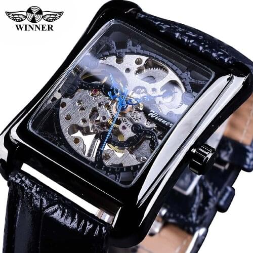 Winner Watch Fashion Rectangle Black Watch Mens Skeleton Clock Top Brand Luxury relogio masculino Unique Blue Hands Design