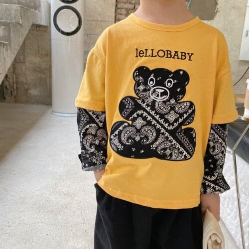 Childrens Long Sleeve T Shirts Spring Autumn New Kids Boys Cartoon Fake Two T-shirts Baby Fashion Long Sleeve Tops Boy Pullover