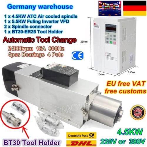 4.5KW ATC Air Cooled Automatic tool change Spindle Motor BT30 24000rpm & 5.5KW Fuling Inverter VFD 220V/380V for CNC MIlling