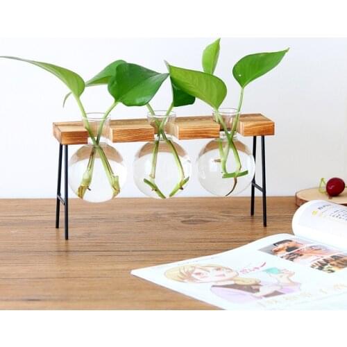 Hydroponic Plant Vases Vintage Glass Tabletop Plants Bonsai Flowerpots Home Decorative Vase Wooden Base Craft Wedding Gifts