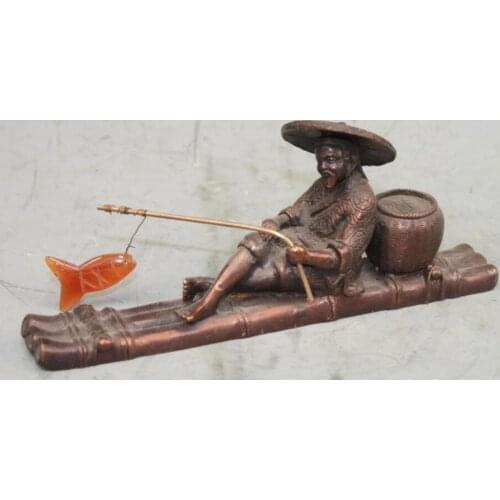 Chinese Pure Bronze Fisherman people fishing bamboo raft Boat Statue