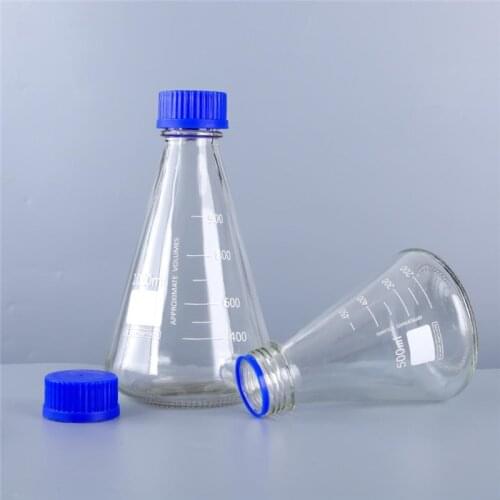 1Piece 500ml 1000ml Chemistry Use Thicken Glass Conical Flask, Erlenmeyer Flask, Triangle Glass Bottle with Blue Screw Cap