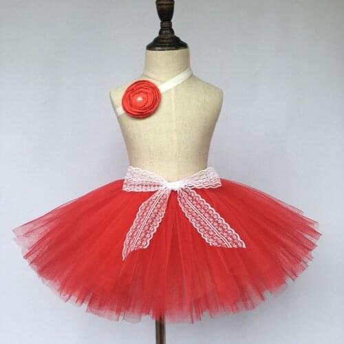 Cute Baby Red Tutu Skirt Girls Lace Skirt Fluffy Tulle Ballet Pettiskirt Tutu with Flower Headband Set Kids Party Skirt Clothes