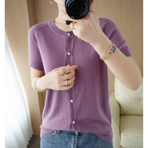 Summer Womens cardigan t-shirt 100% wool knit sweater short sleeve casual round neck sweater plus size ladies top tees hot