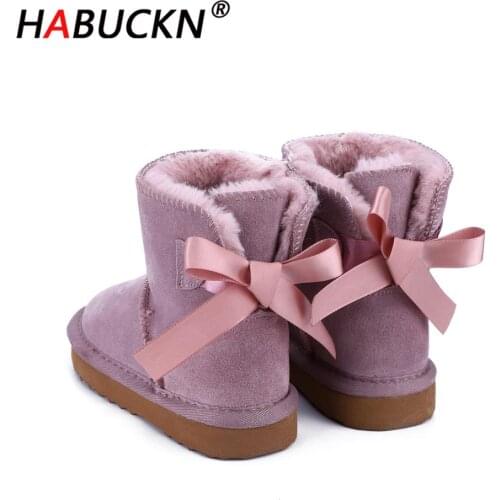 HABUCKN 2020 Fashion Pretty Childrens Warm Snow Boots Winter Boots Genuine Cowhide Leather Lace up Butterfly kids shoes Boots