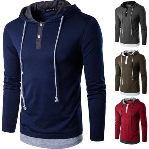 Mens Hooded T-shirt Long Sleeve Fake 2-In-1 Pullover T-Shirt with Drawstring Casual Hip-Hop High Street Style Loose Tops