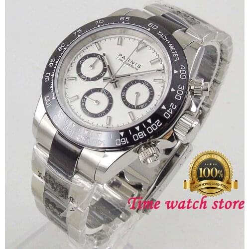 39mm PARNIS Luxury Quartz white black watch men waterproof 24 hours Chronograph luminous stainless steel strap