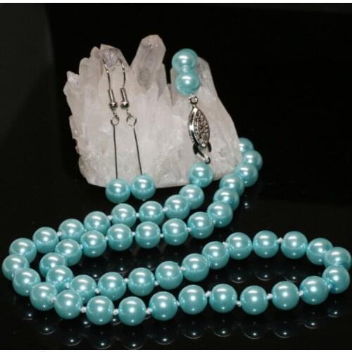 New arrival Bohemia style chain necklace earrings sky blue 8mm for women simulated-pearl shell round beads jewelry 18inch B2362