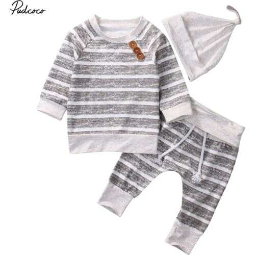 2019 Baby Spring Autumn Clothing Newborn Baby Boy Girls Kids Infant tops pants Hat 3pcs Outfits Set Striped Long Sleeve Clothes